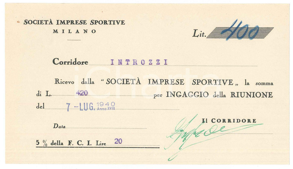 Autografo originale 1940 CICLISMO MILANO Ricevuta Augusto INTROZZI  Ingaggio VIGORELLI Autografo 1