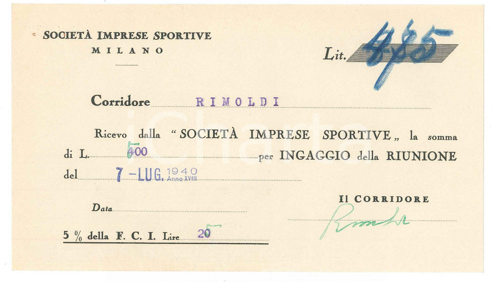 Autografo originale 1940 CICLISMO MILANO Ricevuta Pietro RIMOLDI  Ingaggio VIGORELLI Autografo 1