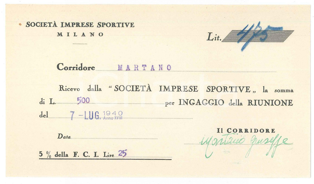 Autografo originale 1940 CICLISMO MILANO Ricevuta Giuseppe MARTANO  Ingaggio VIGORELLI Autografo 1