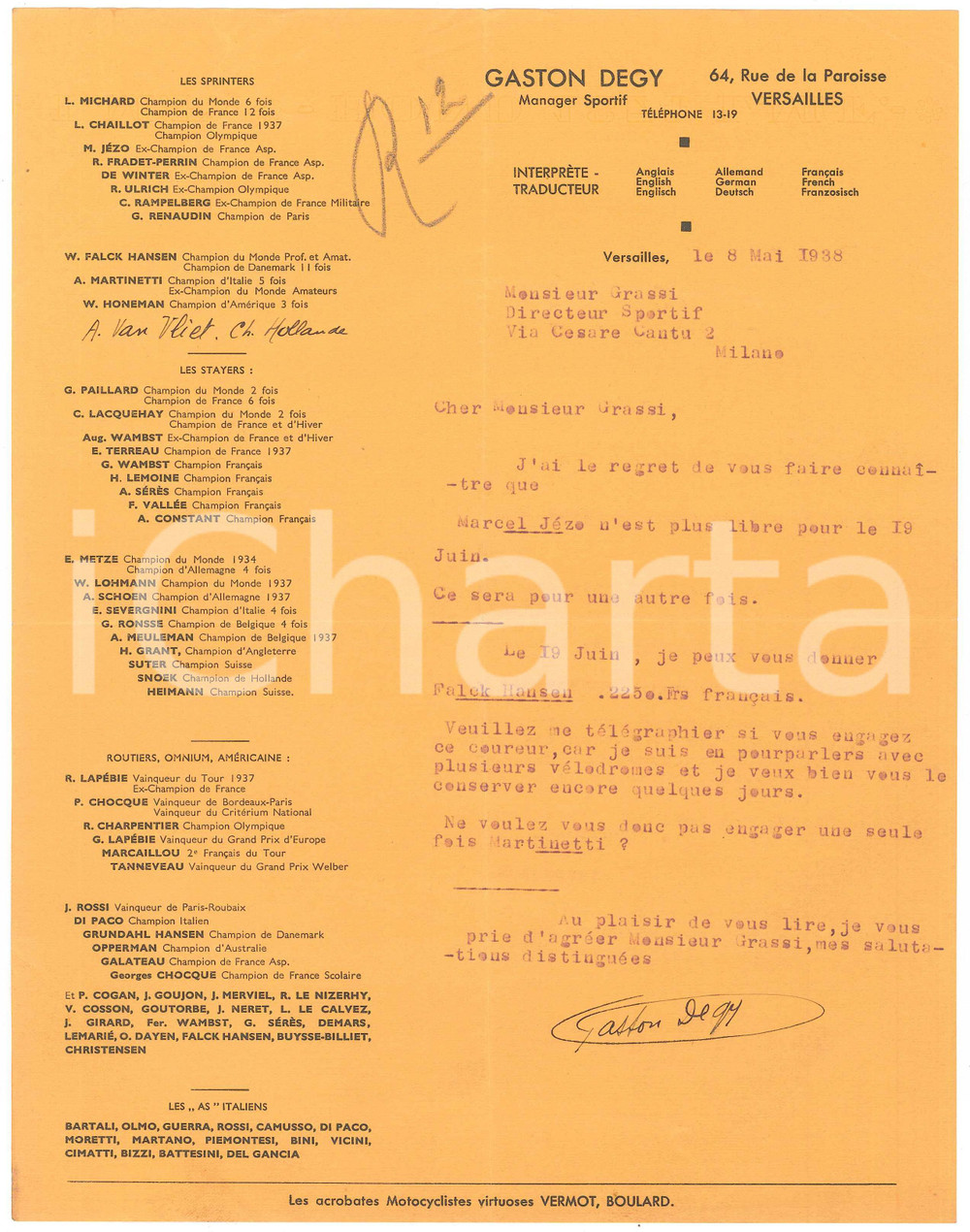1938 CICLISMO VERSAILLES Gaston DEGY propone Willy FALCK HANSEN *Autografo