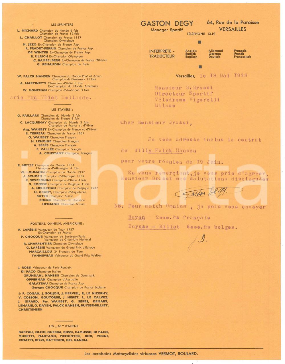 Autografo originale 1938 CICLISMO VERSAILLES Gaston DEGY su contratto Willy FALCK HANSEN Autografo 1