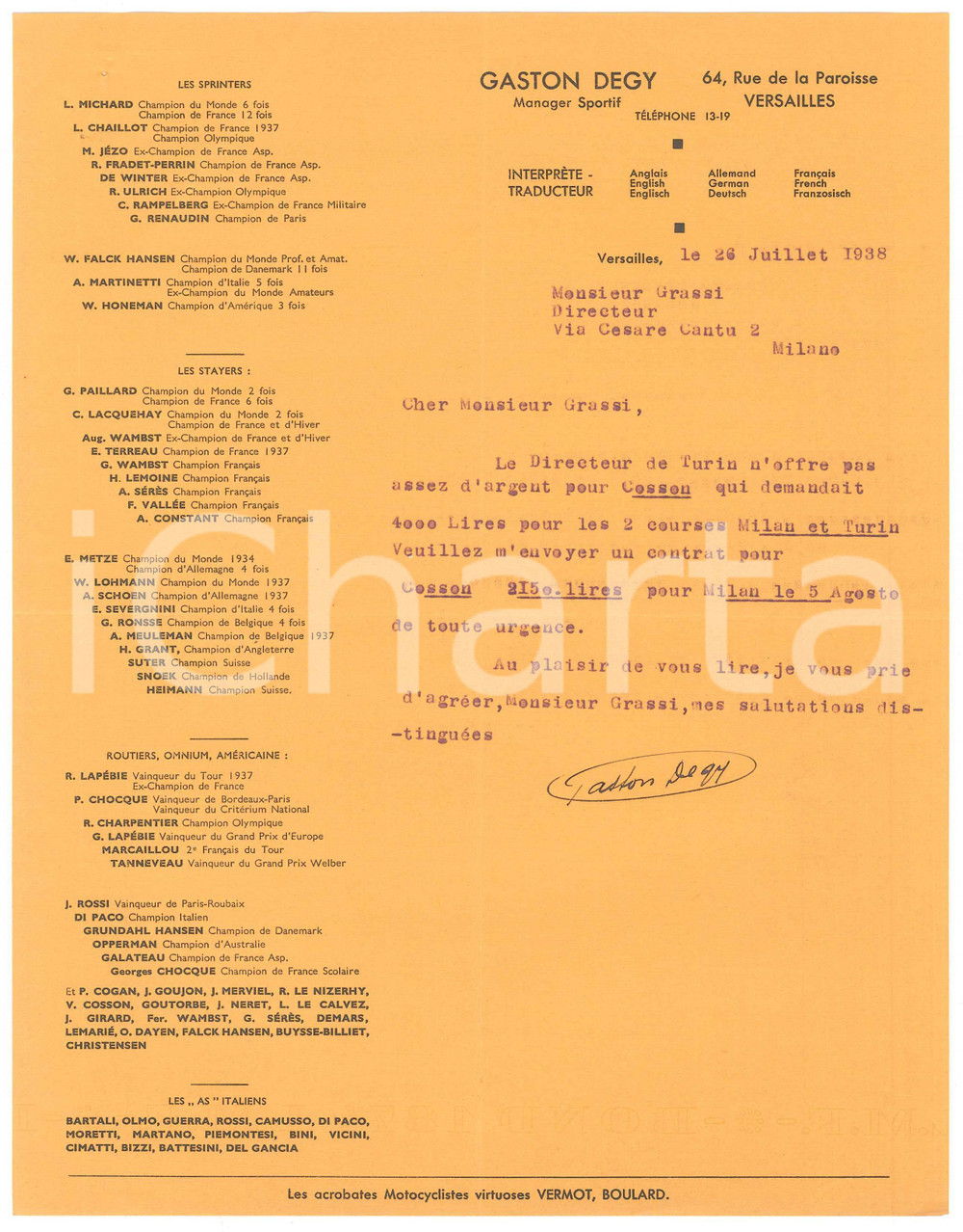 Autografo originale 1938 CICLISMO VERSAILLES Gaston DEGY su ingaggio Victor COSSON  AUTOGRAFO 1