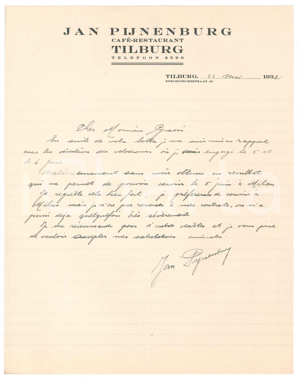 Autografo originale 1938 TILBURG CICLISMO Jan PIJNENBURG e un risultato insoddisfacente AUTOGRAFO 1
