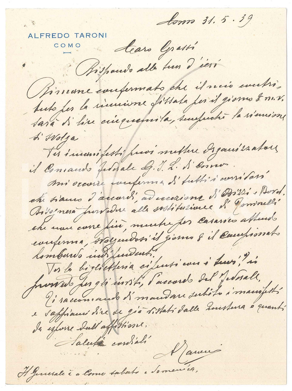 Autografo originale 1939 COMO CICLISMO Lettera Alfredo TARONI per conferma corridori  Autografo 1