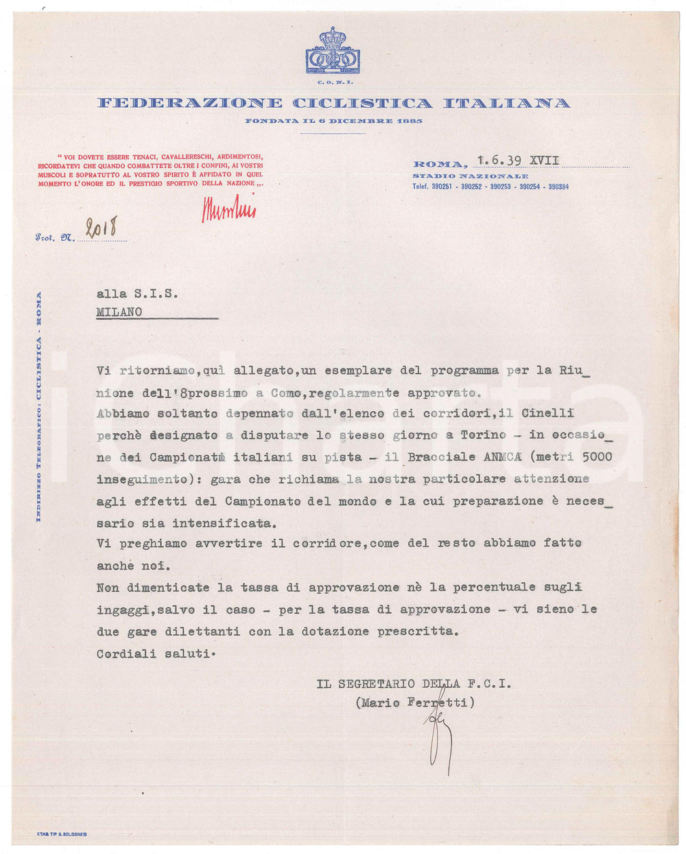 Manoscritto, lettera originale 1939 CICLISMO ROMA CONI Lettera Mario FERRETTI su esclusione Cino CINELLI 1