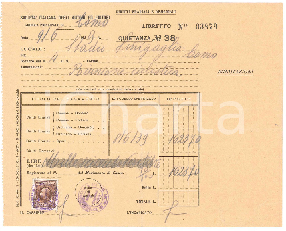 Documento originale, autentico 1939 COMO Stadio Sinigaglia  Fattura SIAE per eventi CICLISMO  21x17 cm 1