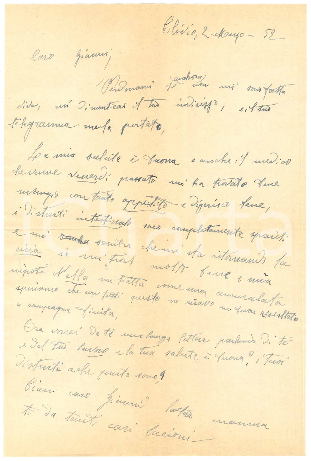 Autografo originale 1952 CLIVIO VA Lettera Luigia DONADONI al figlio Gianni Santuccio AUTOGRAFO 1