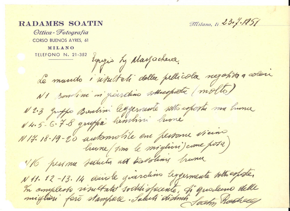 Documento originale, autentico 1951 MILANO Corso Buenos Ayres 61  Radames SOATIN Ottica  Lettera 1