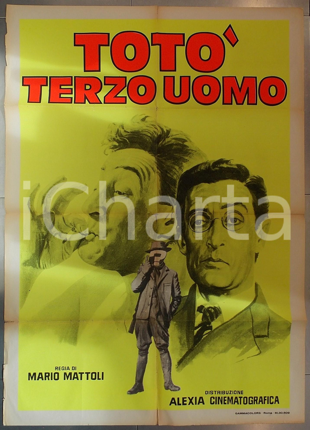 1970 ca TOTO' TERZO UOMO *Manifesto DANNEGGIATO 100x140 cm DIMENSIONI: 100x140 cm CONDIZIONI: VERY POOR (strappi in corrispondenza delle piegature maldestramente riparati al verso con del nastro adesivo)    originale e autentica 1