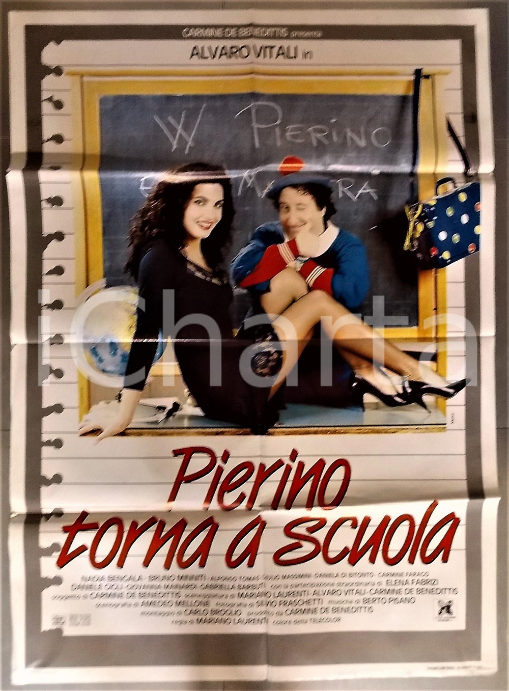 Materiale cinematografico d’epoca 1990 PIERINO TORNA A SCUOLA Alvaro VITALI Nadia BENGALA Manifesto 100x140 cm 1