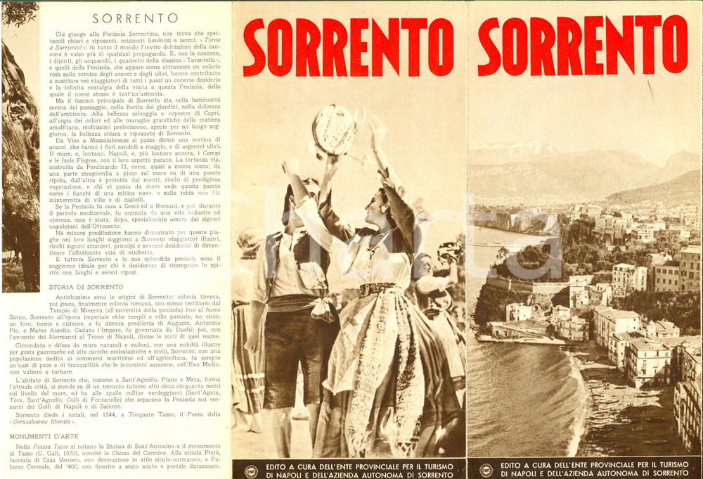 1951 SORRENTO Storia - arte - escursioni - Pieghevole ENIT ILLUSTRATO Vintage Pieghevole pubblicitario d'epoca.CONDIZIONI: 8 + 1    originale e autentica 1