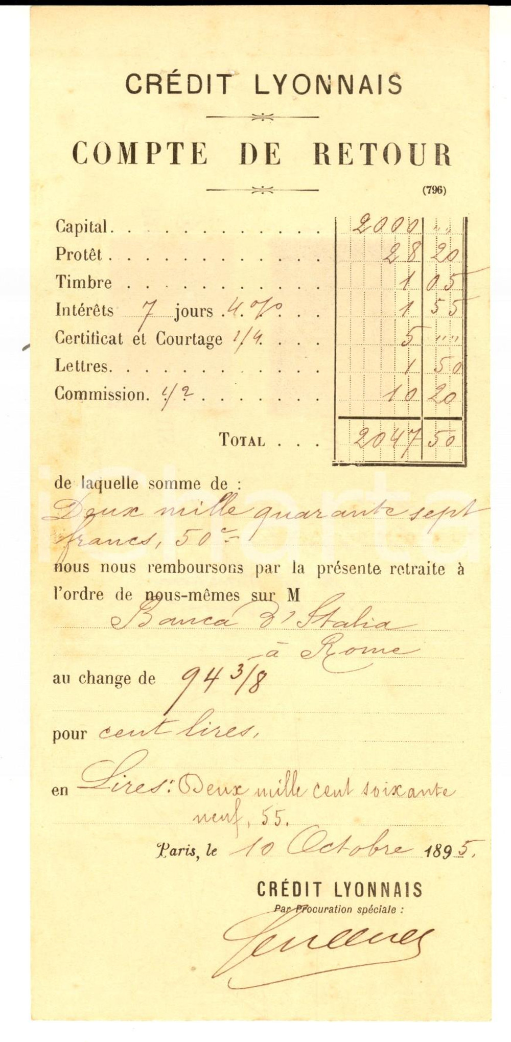 Documento originale, autentico 1895 PARIS CREDIT LYONNAIS Compte de retour  Banca d Italia Bolli 1