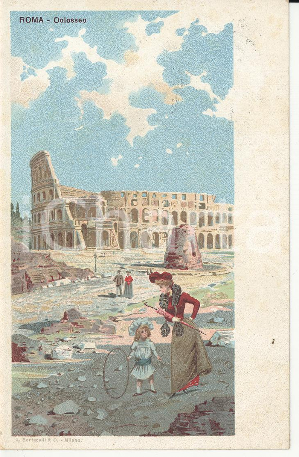 Cartolina originale da collezione 1907 ROMA Bambina gioca con la lippa davanti al Colosseo Cartolina ILLUSTRATA FP 1