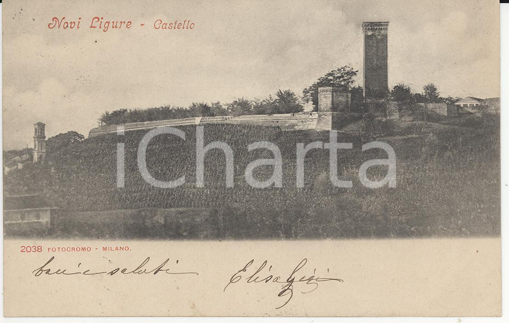 Cartolina originale da collezione 1908 NOVI LIGURE AL Panorama con il Castello Cartolina FP VG 1