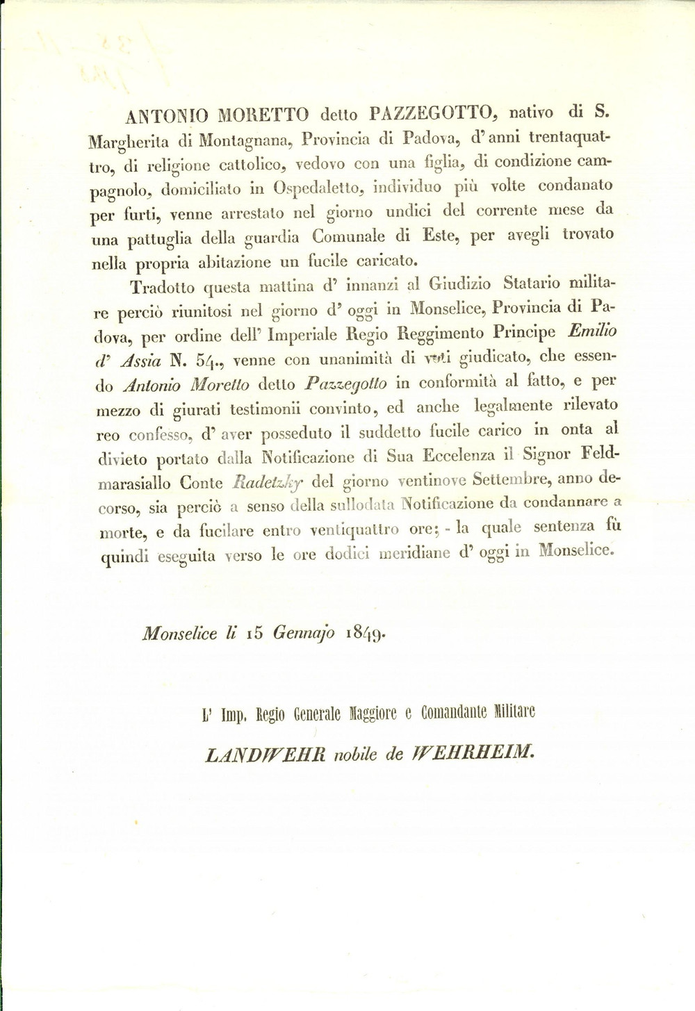 Documento originale, autentico 1849 MONSELICE Condanna a morte Antonio MORETTO PAZZEGOTTO ladro con fucile 1