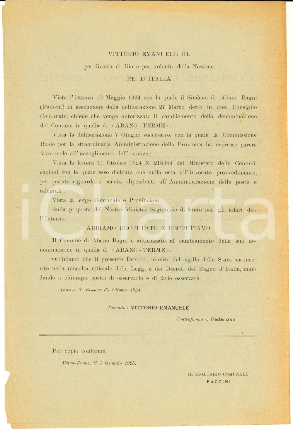 Documento originale, autentico 1925 ABANO TERME PD Circolare per cambio nome del comune ABANO BAGNI 1