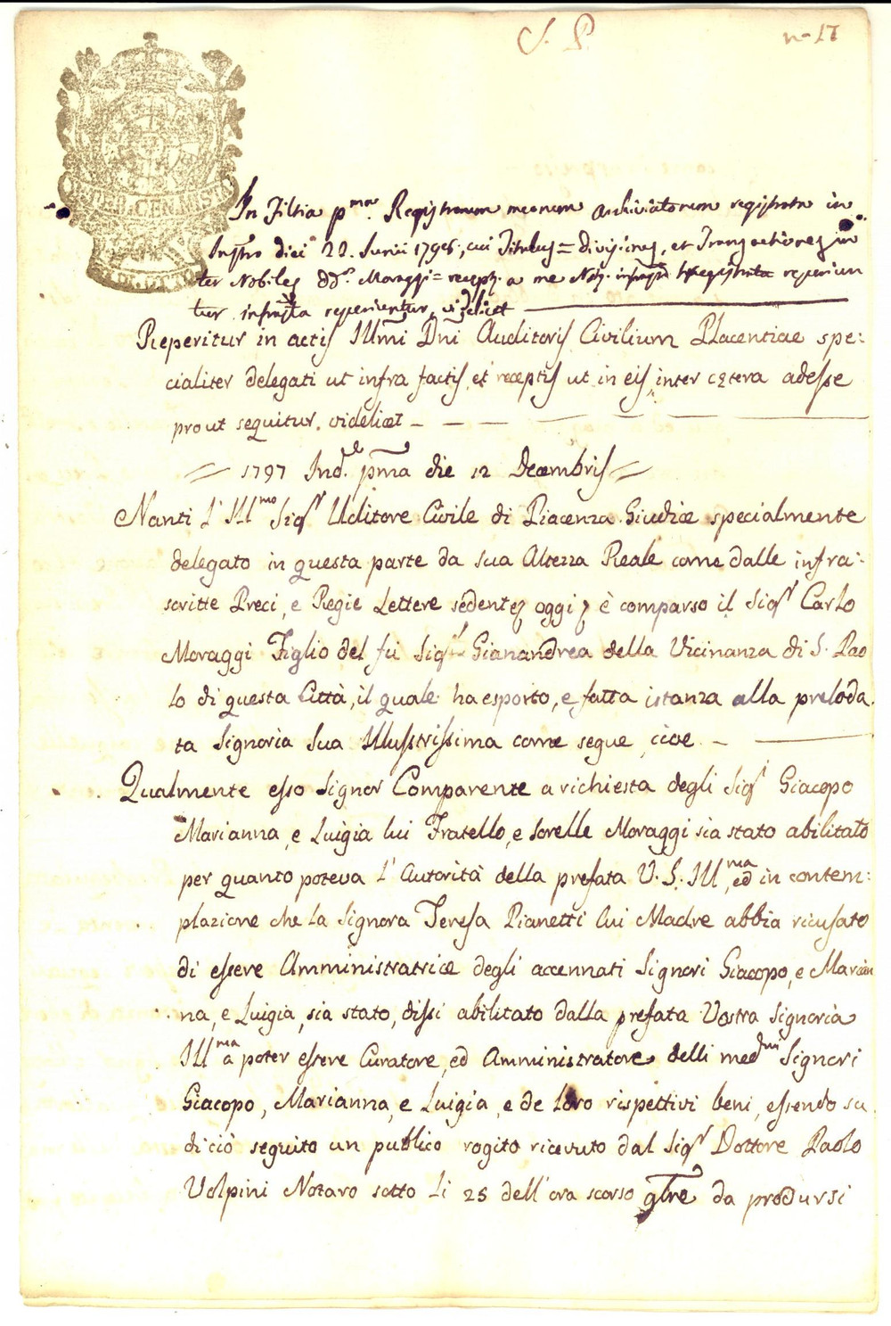 Documento originale, autentico 1798 PIACENZA Supplica Carlo MORAGGI per diventare curatore dei fratelli 1