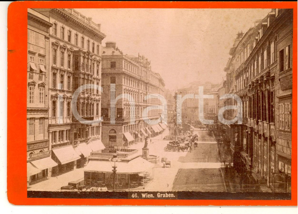 Fotografia d epoca originale 1880 ca WIEN Graben Foto A. F. CZIHAK S nÂ° 46 ANIMATA carrozze 17x11 cm 1