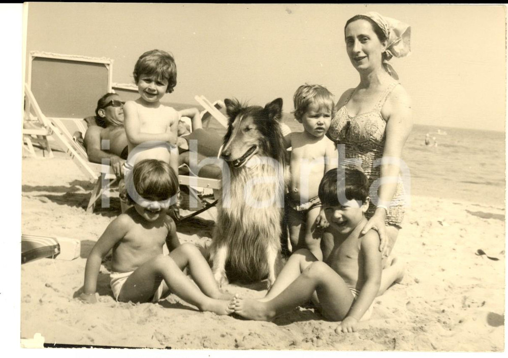 Fotografia d epoca originale 1963 RICCIONE Ritratto di famiglia con cane in spiaggia Foto VINTAGE 15x10 cm 1