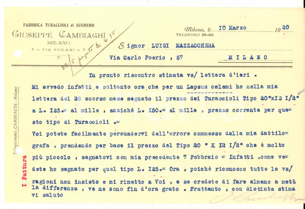1920 MILANO via Solari 7 - Giuseppe CAMBIAGHI Fabbrica turaccioli - Lettera Lettera commerciale d'epoca, su carta intestata.PAGINE: 1 POOR/danneggiato piegature d'epoca; fori da classificatore  originale e autentica 1