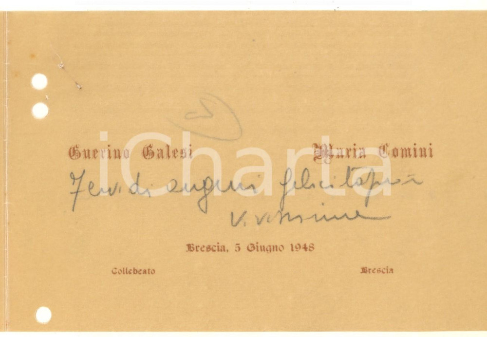 Oggetto da collezione cartaceo 1948 BRESCIA Partecipazione nozze Guerino GALESI  Maria COMINI 1