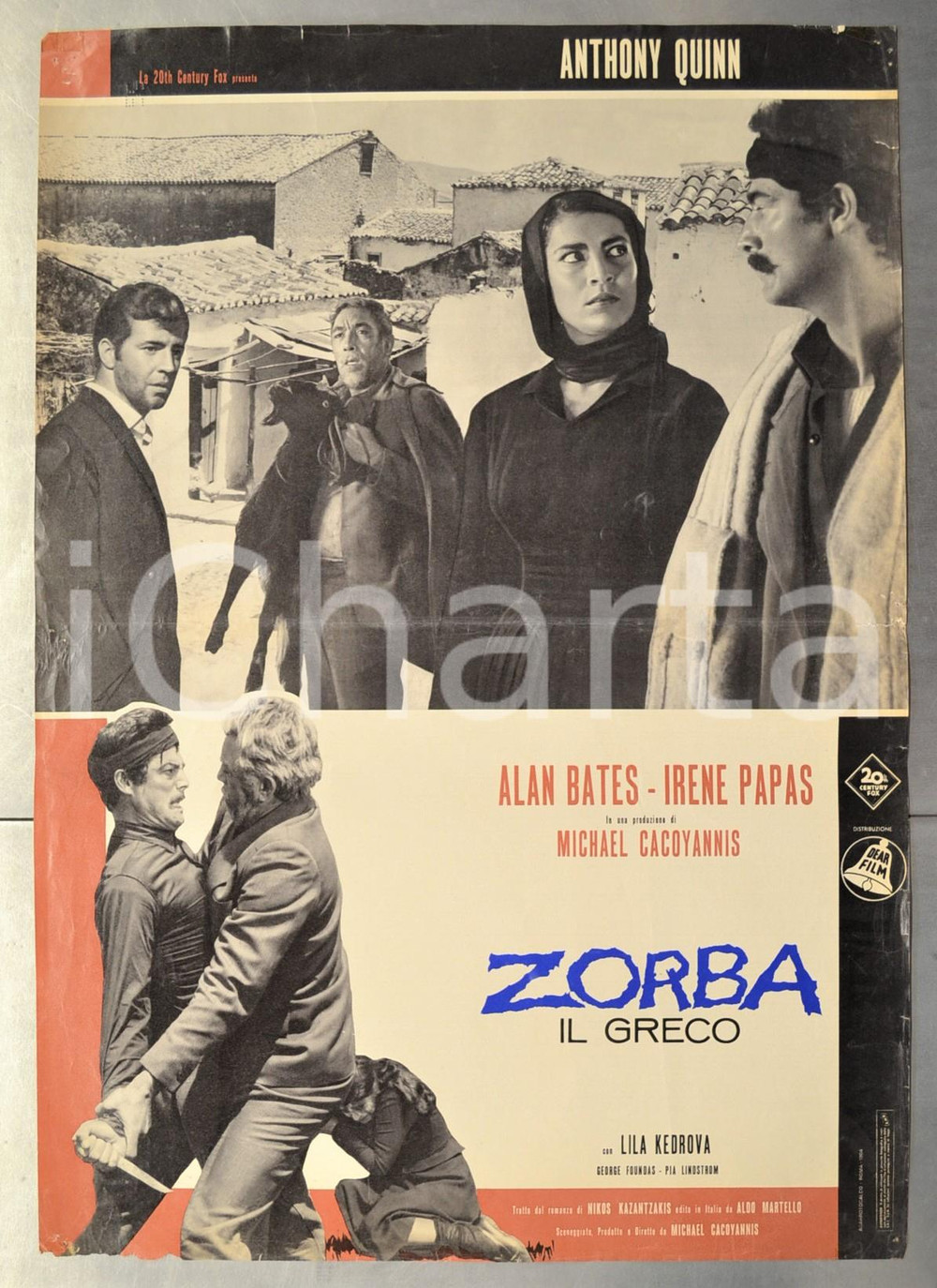 Materiale cinematografico d’epoca 1964 ZORBA IL GRECO Anthony QUINN Irene PAPAS Alan BATES Fotobusta 66x46 cm 1