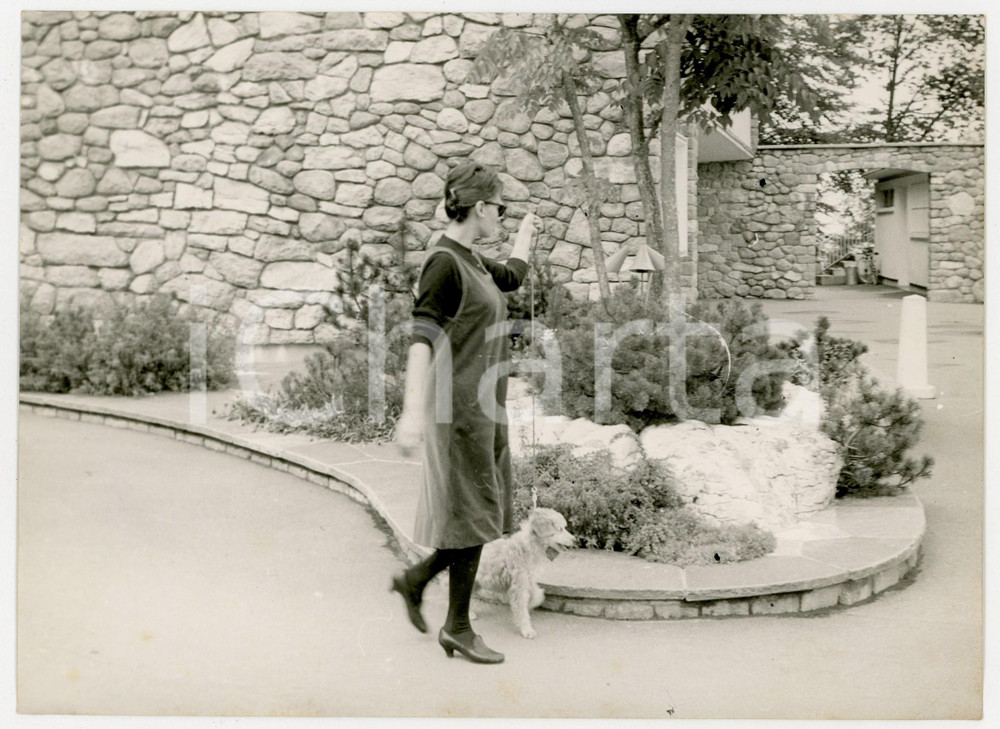 Fotografia d epoca originale 1958 ENGELBERG CH Sophia LOREN a passeggio con il suo cagnolino Foto 18x13 cm 1