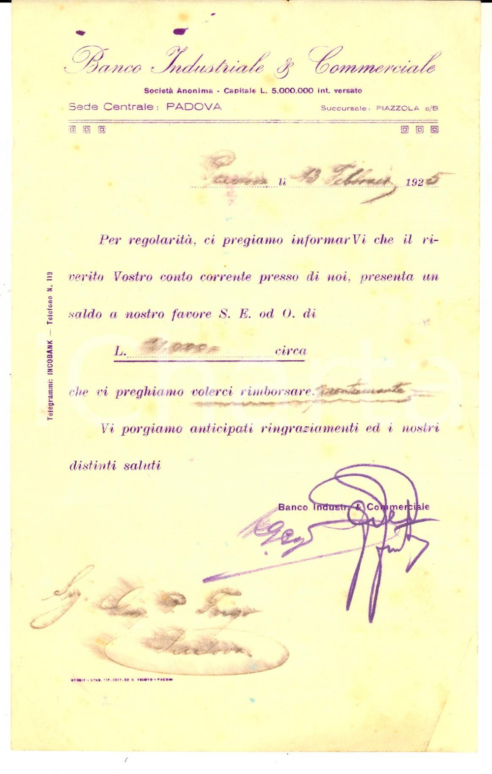Manoscritto, lettera originale 1925 PADOVA BANCO INDUSTRIALE E COMMERCIALE  Lettera per richiesta saldo 1