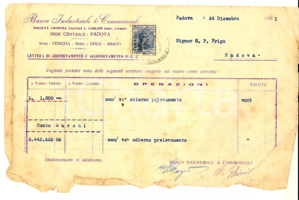 Manoscritto, lettera originale 1921 PADOVA BANCO INDUSTRIALE E COMMERCIALE  Nota operazioni su conto 1