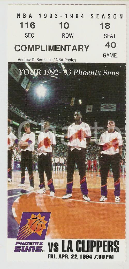 Oggetto da collezione cartaceo 1994 NBA Phoenix Suns vs. LA Clippers Ticket season 1993  1994 1