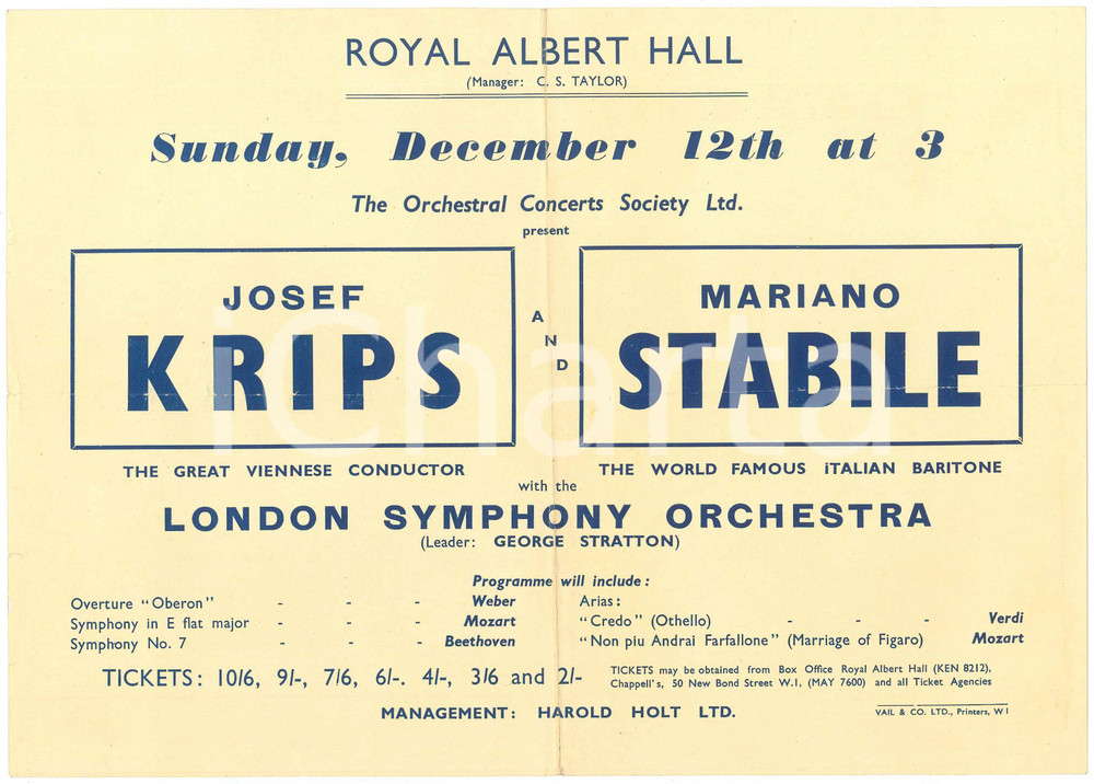 Materiale pubblicitario d’epoca 1948 LONDON  Josef KRIPS Mariano STABILE London Symphony Orchestra 1