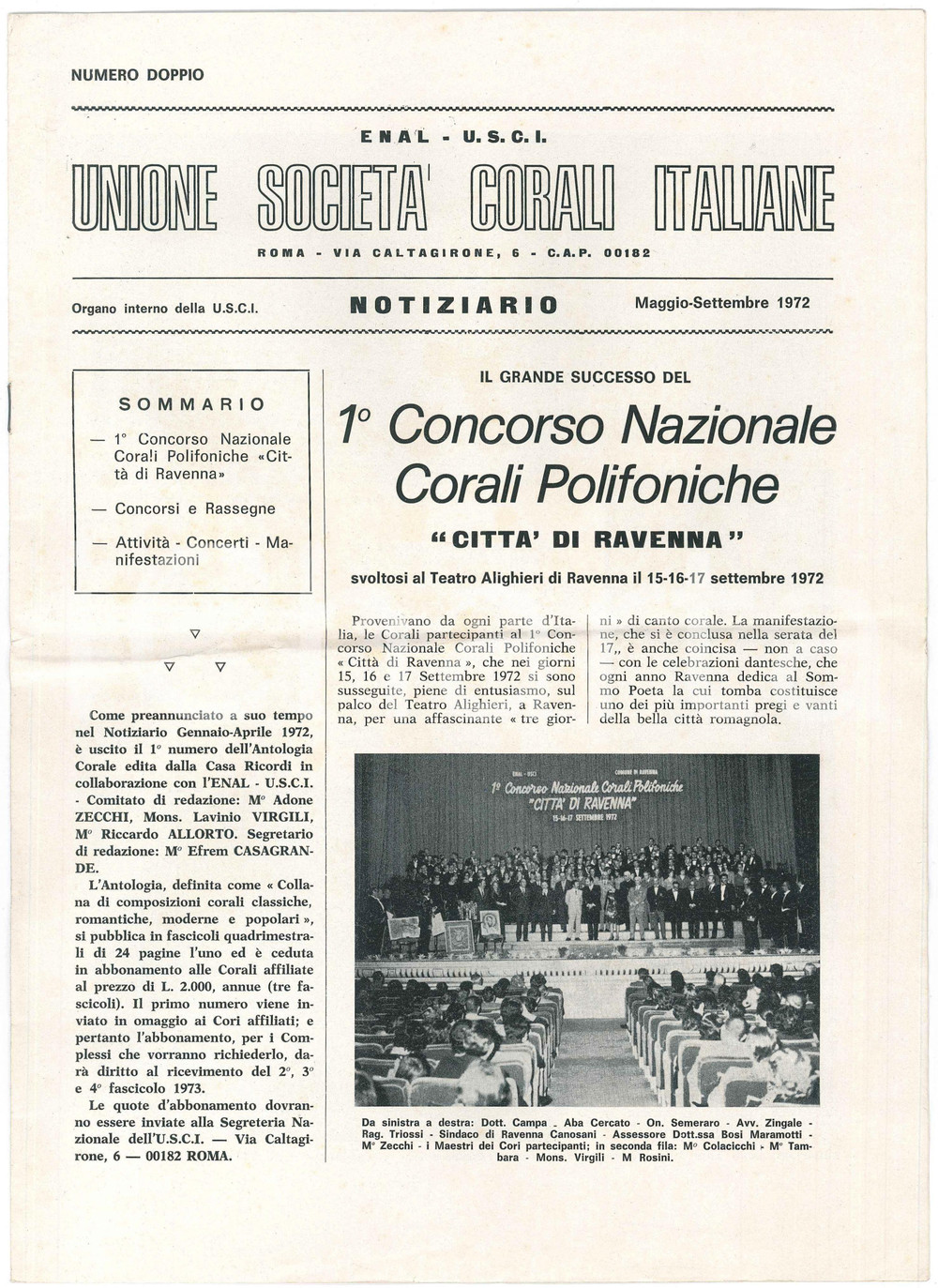 Giornale, rivista storica 1972 ROMA ENAL U.S.C.I. Concorso Corali CittÃ  di Ravenna  Numero doppio 1