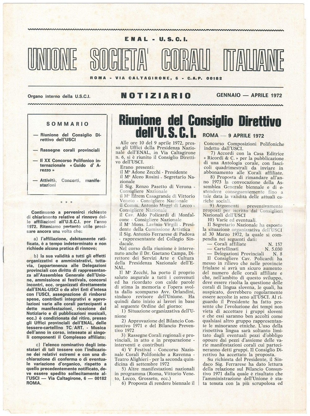 Giornale, rivista storica 1972 ROMA ENAL U.S.C.I. Concorso Polifonico Guido d Arezzo Notiziario 1