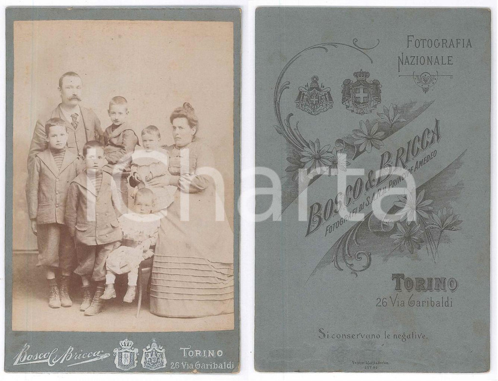 Fotografia d epoca originale 1900 ca TORINO Ritratto di famiglia con 5 figli Foto BOSCO & BRICCA 1