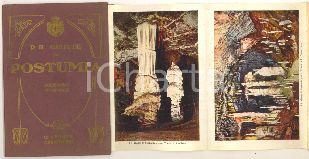 Materiale pubblicitario d’epoca 1910 ca TURISMO POSTUMIA SLOVENIA Le Regie Grotte  12 vedute artistiche 1