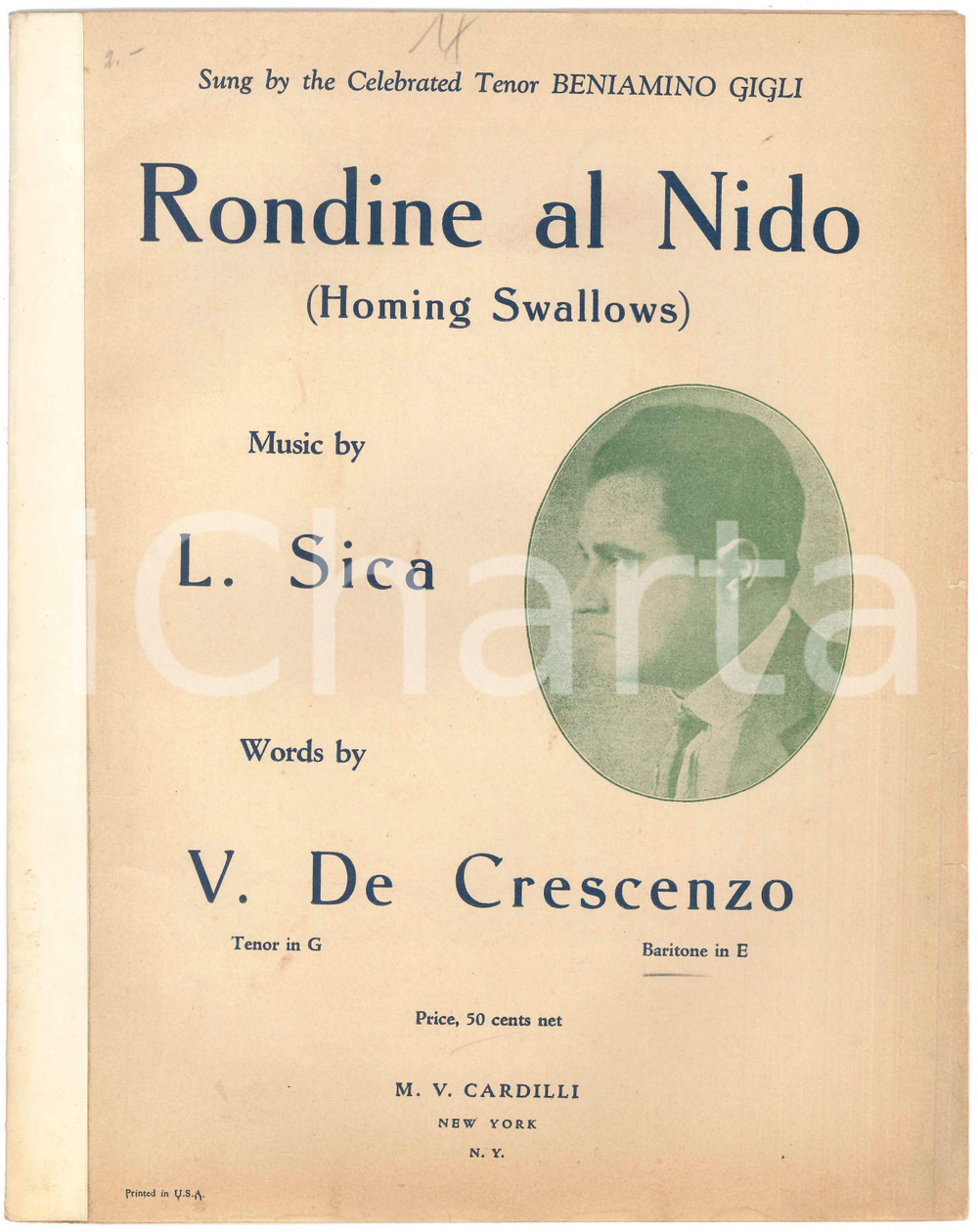 Oggetto da collezione cartaceo 1925 L. SICA V. DE CRESCENZO Rondine al nido  Beniamino GIGLI Spartito 1