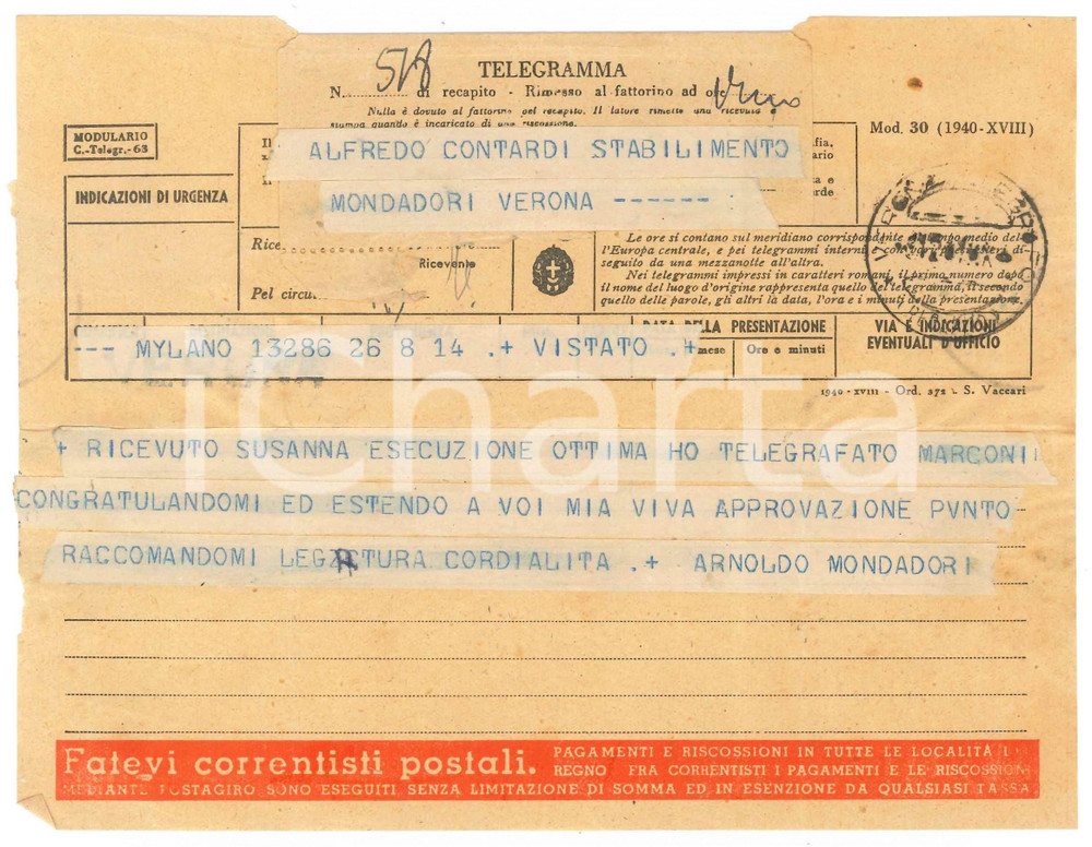 1940 ca MILANO Telegramma Arnoldo MONDADORI ad Alfredo CONTARDI Telegramma originale d'epoca, relativo a un lavoro di legatoria.Destinato al tipografo Alfredo Contardi di Verona. FAIR/discreto piegature d'epoca  originale e autentica 1