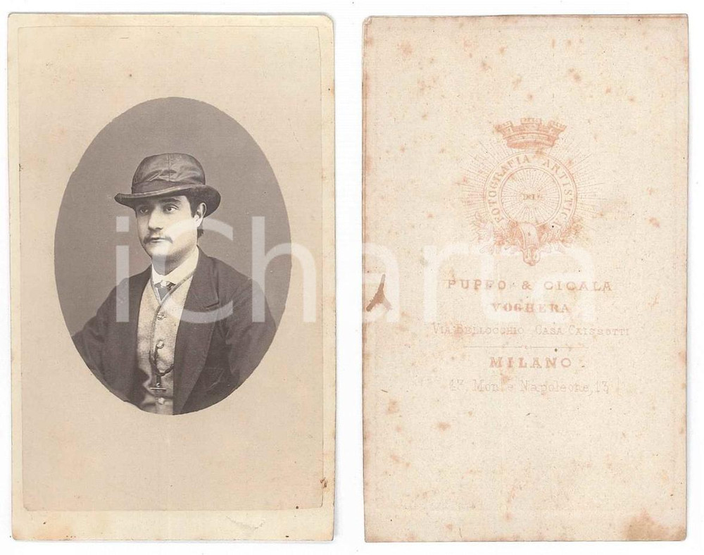 Fotografia d epoca originale 1870 ca VOGHERA PV Ritratto maschile con cappello Foto PUPPO & CICALA CDV 1