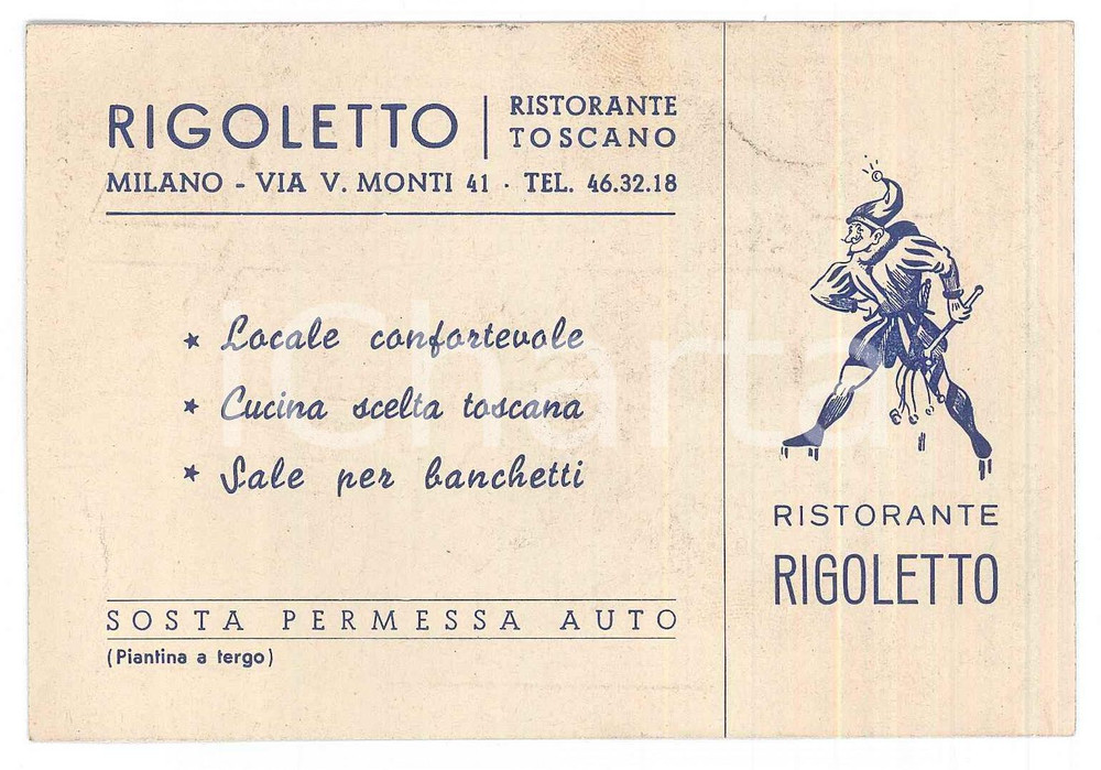 Oggetto da collezione cartaceo 1950 ca MILANO Via Monti  Ristorante toscano RIGOLETTO Biglietto da visita 1