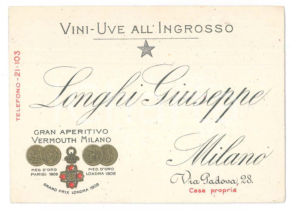 Oggetto da collezione cartaceo 1935 ca MILANO Giuseppe LONGHI Vini e uve all ingrosso  Biglietto da visita 1