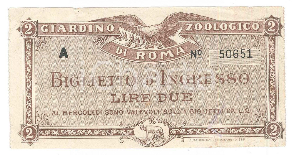 Oggetto da collezione cartaceo 1921 ROMA Giardino zoologico  Biglietto d ingresso lire due 13x6 cm 1