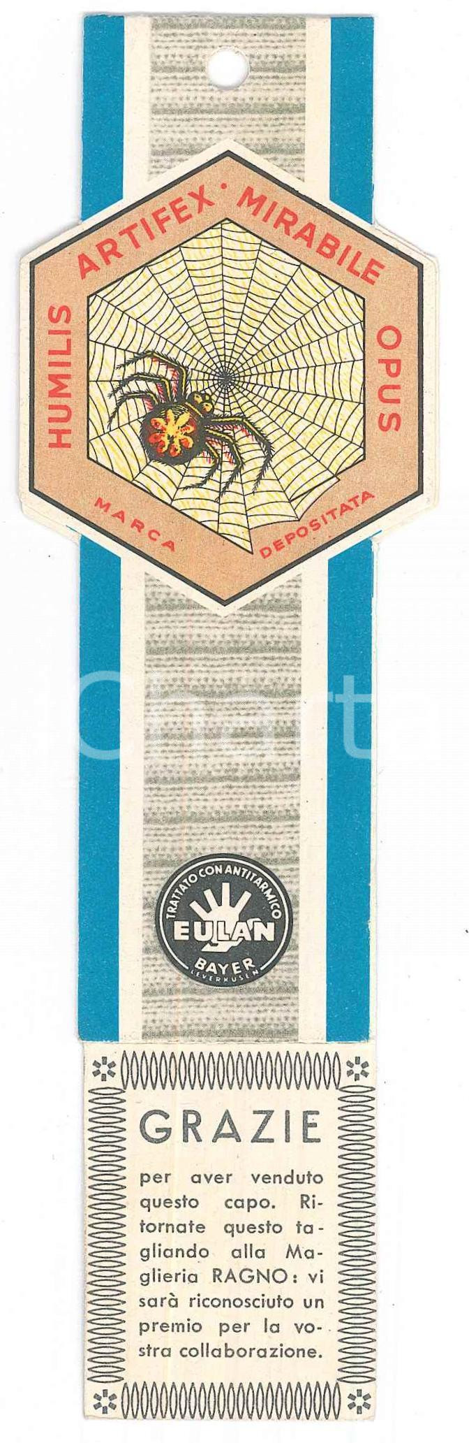 Materiale pubblicitario d’epoca 1955 ca MAGLIERIE RAGNO Irrestringibile pastore  Etichetta 12x5 cm 1