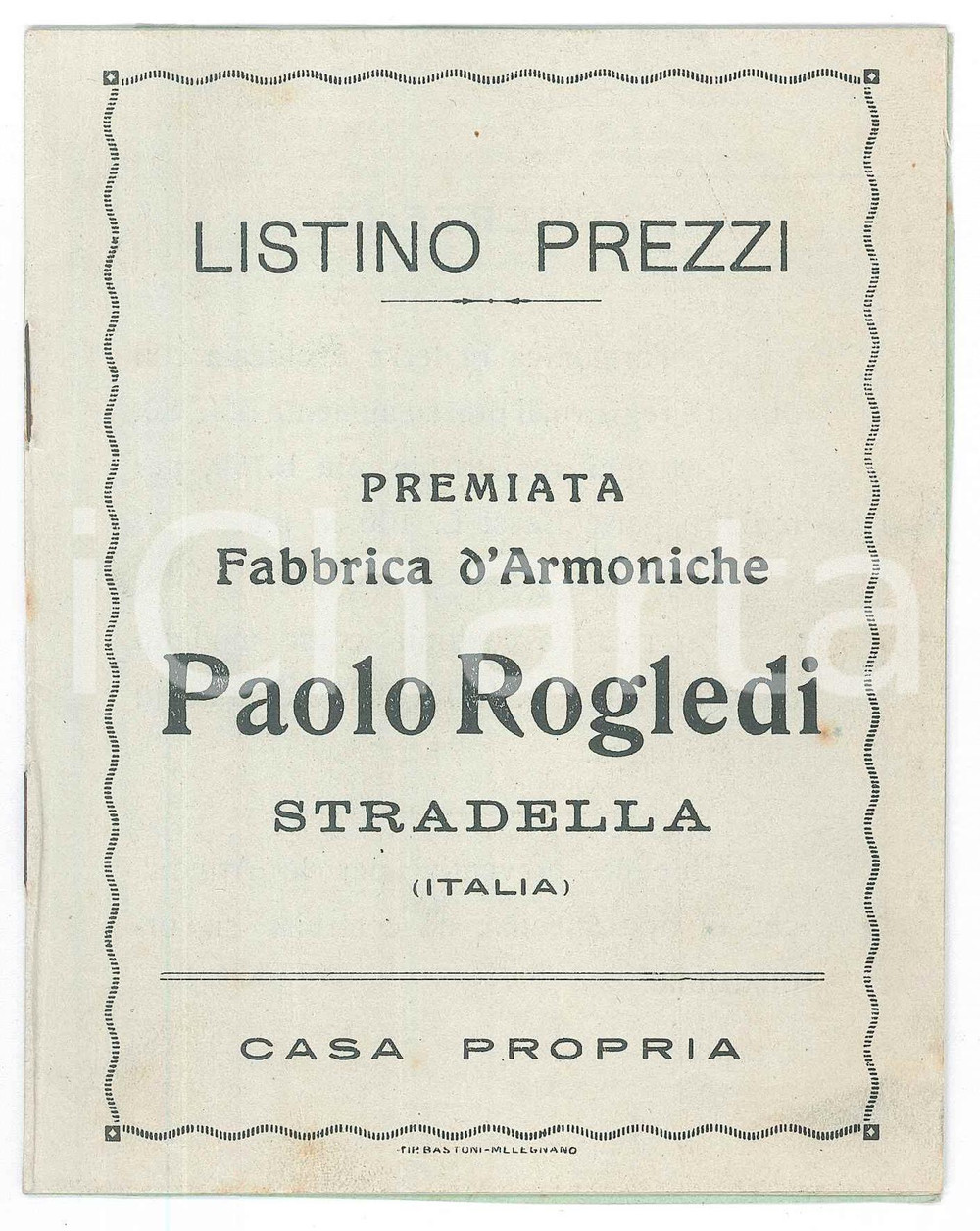 Materiale pubblicitario d’epoca 1950 ca STRADELLA Paolo ROGLEDI Fabbrica d armoniche  Listino prezzi 1