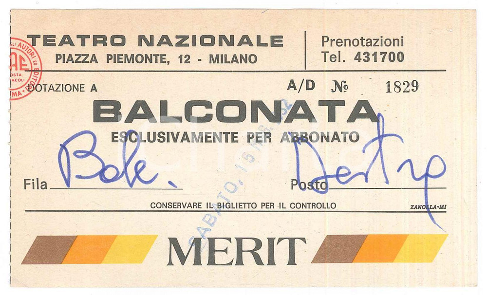 Oggetto da collezione cartaceo 1982 MILANO Teatro Nazionale  Biglietto balconata per abbonato  Sponsor MERIT 1