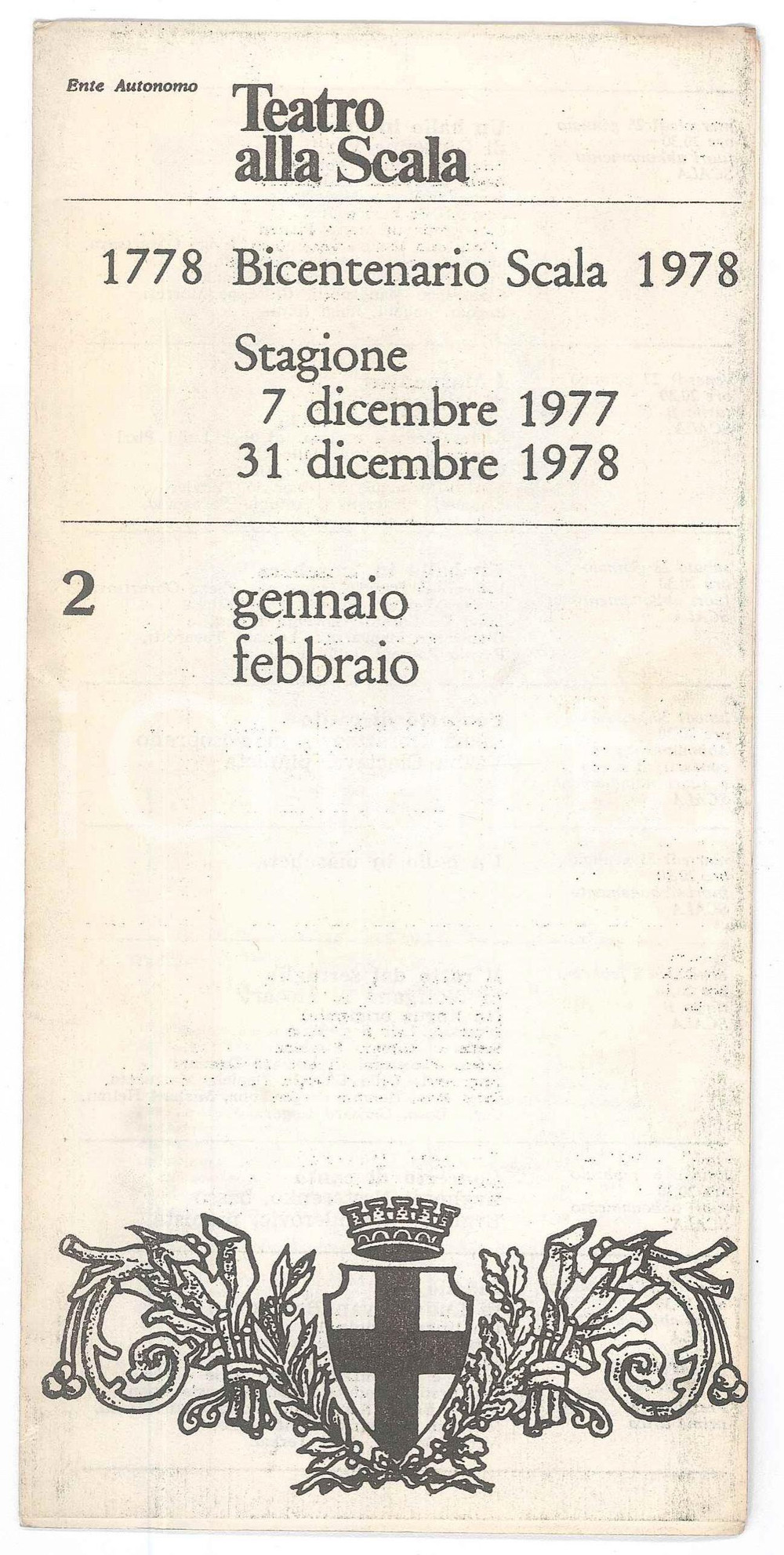 Materiale pubblicitario d’epoca 1978 TEATRO ALLA SCALA  Bicentenario  Pieghevole gennaio/febbraio 1