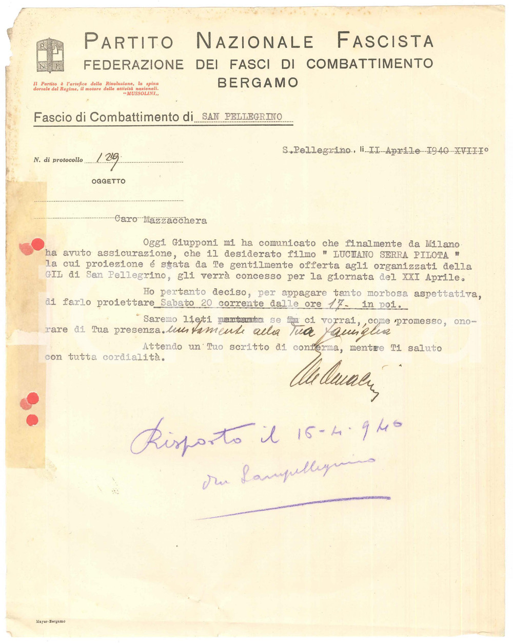 Documento originale, autentico 1940 PNF S. PELLEGRINO Lettera Gian Maria OMACINI su proiezione film Autografo 1