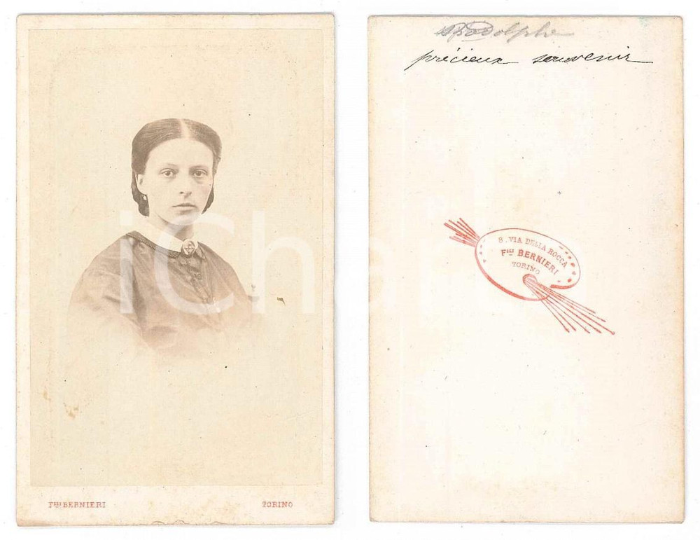 Fotografia d epoca originale 1875 ca TORINO Ritratto di giovane donna  Busto Foto F.lli BERNIERI CDV 1