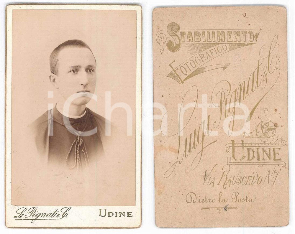 1900 ca UDINE Giovane sacerdote - Ritratto *Foto Luigi PIGNAT CDV  Fotografia originale d'epoca, montata su cartoncino rigido. GOOD/buono  Formato: 6x10 cm originale e autentica 1