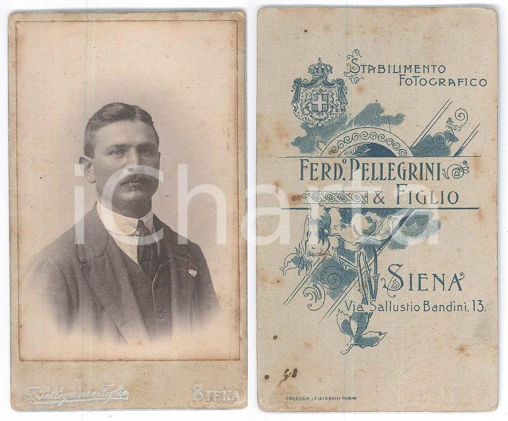 Fotografia d epoca originale 1900 ca SIENA Ritratto maschile  Busto Foto Ferdinando PELLEGRINI CDV 1