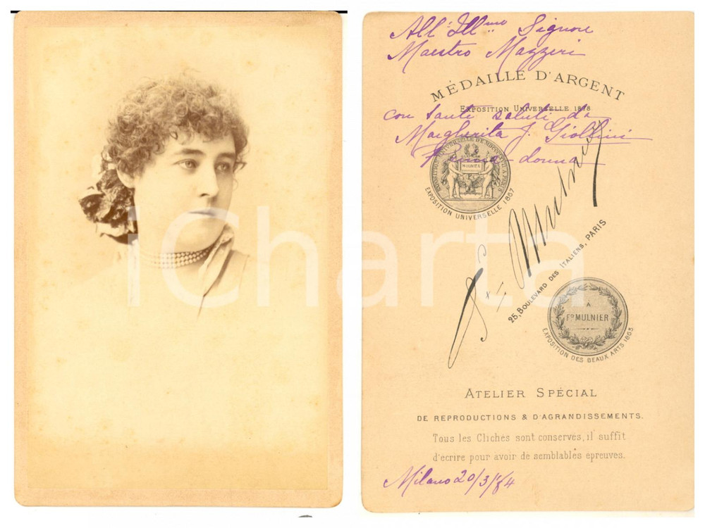 Fotografia d epoca originale 1884 MILANO Ritratto cantante Margherita GIOLLINI primadonna  Foto AUTOGRAFO 1